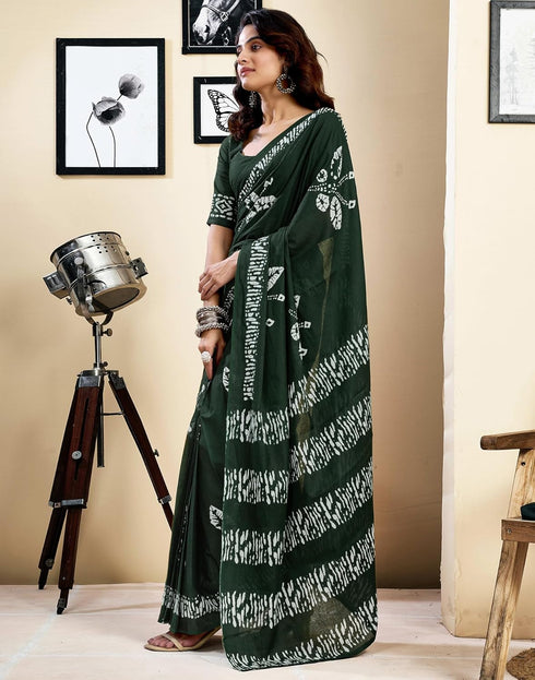 Vasthrlay Womens Printed Unstitched Dark Green Saree