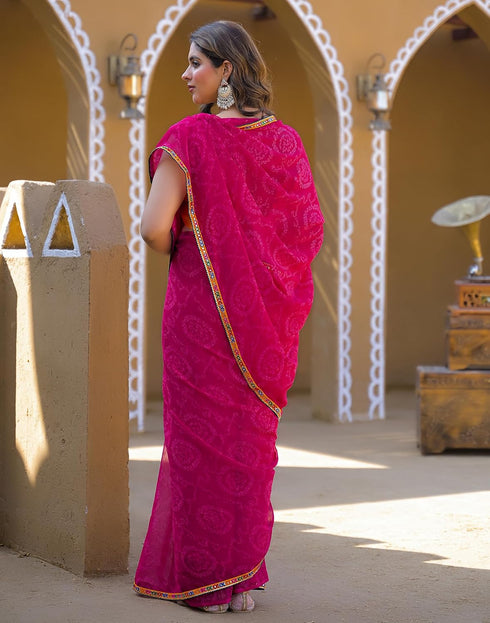 Vasthrlay Georgette Bandhani Rani Pink Saree With Yellow Unstitched Blouse Piece