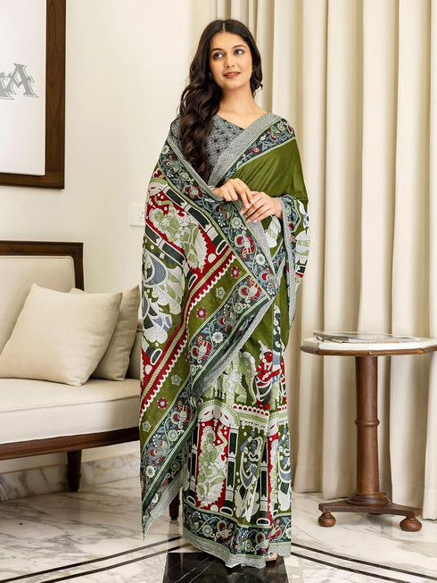 Vasthrlay Womens Printed Unstitched Beige Saree