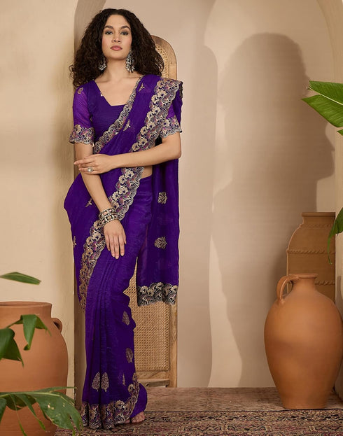 Vasthrlay Embroidery Scalloped Unstitched Maroon Saree