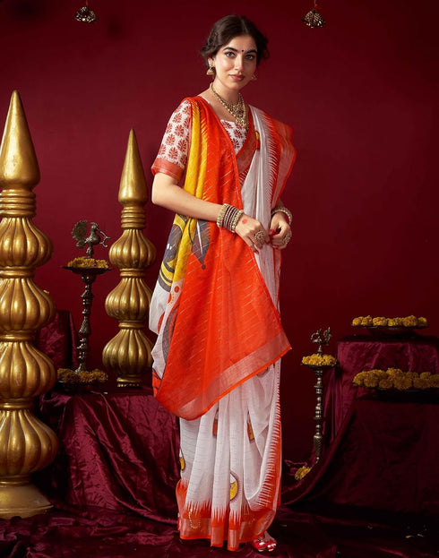 Vasthrlay Womens Printed Unstitched White Saree