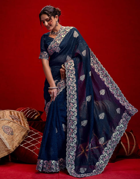 Vasthrlay Embroidery Scalloped Navy Blue Saree With Unstitched Blouse Piece