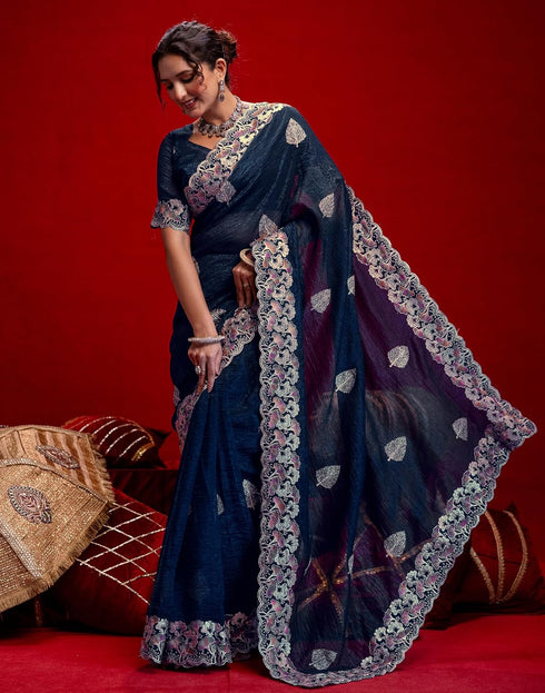 Vasthrlay Embroidery Scalloped Unstitched Maroon Saree