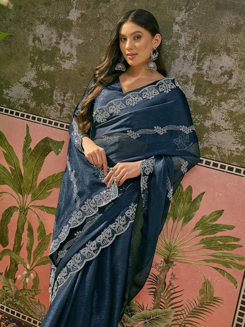 Vasthrlay Shimmer Scalloped Unstitched Navy Blue Saree