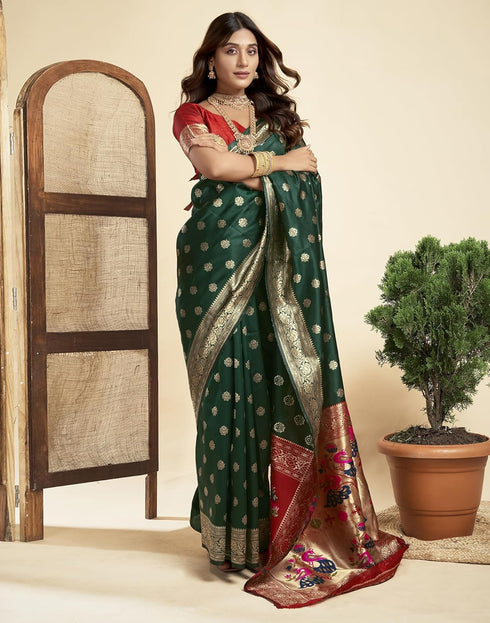 Vasthrlay Jacquard Paithani Unstitched Teal Saree