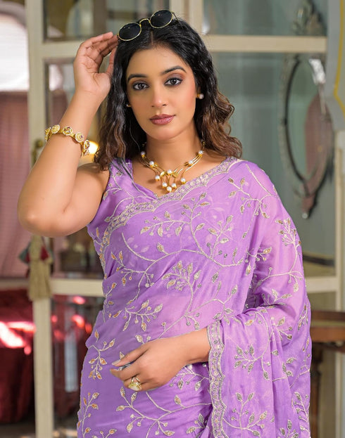 Vasthrlay Georgette Embroidery Unstitched Maroon Saree