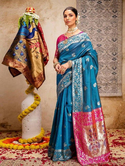 Vasthrlay Weaving Paithani Teal Saree With Rani Pink Unstitched Blouse Piece