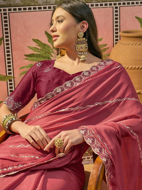 Vasthrlay Georgette Embroidery Peach Saree