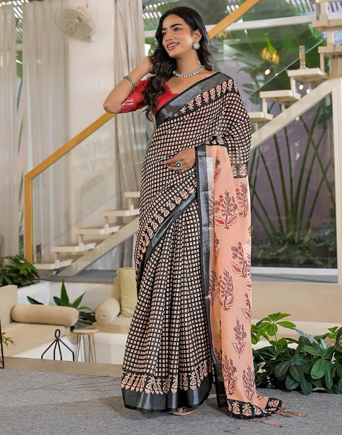 Vasthrlay Womens Printed Black Saree With Unstitched Blouse Piece