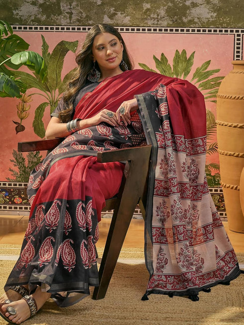 Vasthrlay Geometric Printed Unstitched Black Saree