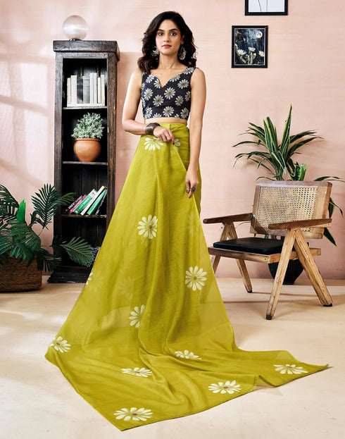 Vasthrlay Chanderi Printed Unstitched Orange Saree
