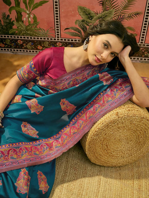 Vasthrlay Georgette Printed Teal Saree