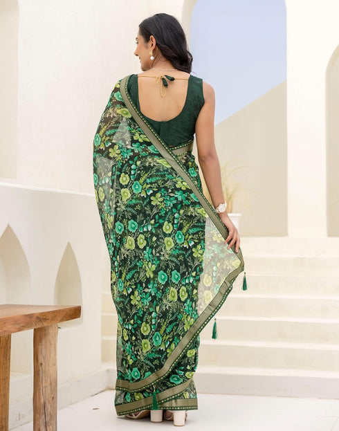 Vasthrlay Chiffon Tassels Unstitched Dark Green Saree