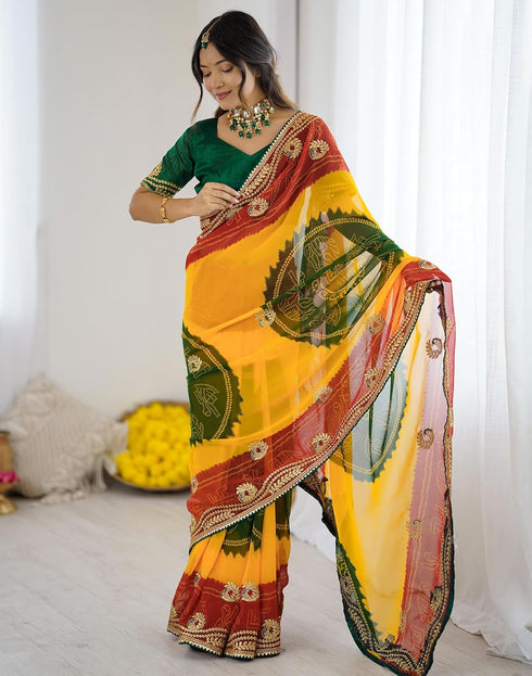 Vasthrlay Georgette Bandhani Unstitched Maroon Saree