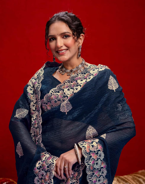 Vasthrlay Embroidery Scalloped Unstitched Maroon Saree