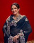 Vasthrlay Embroidery Scalloped Navy Blue Saree With Unstitched Blouse Piece