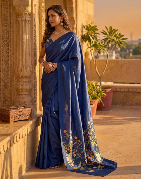 Vasthrlay Womens Printed Unstitched Navy Blue Saree