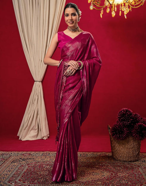 Vasthrlay Chiffon Printed Rani Pink Saree With Unstitched Blouse Piece