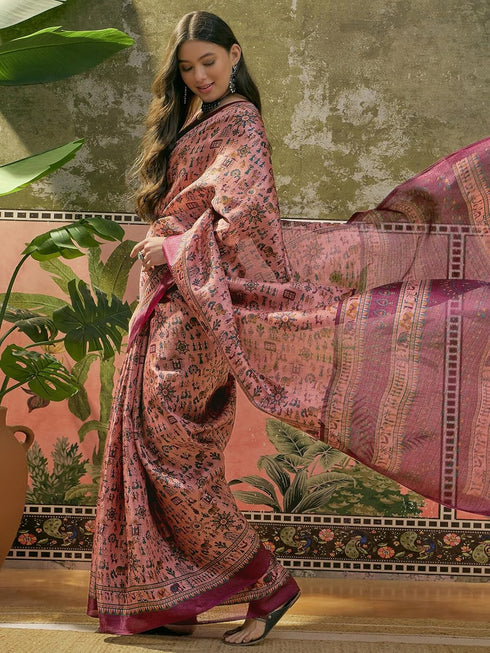 Vasthrlay Womens Printed Unstitched Beige Saree