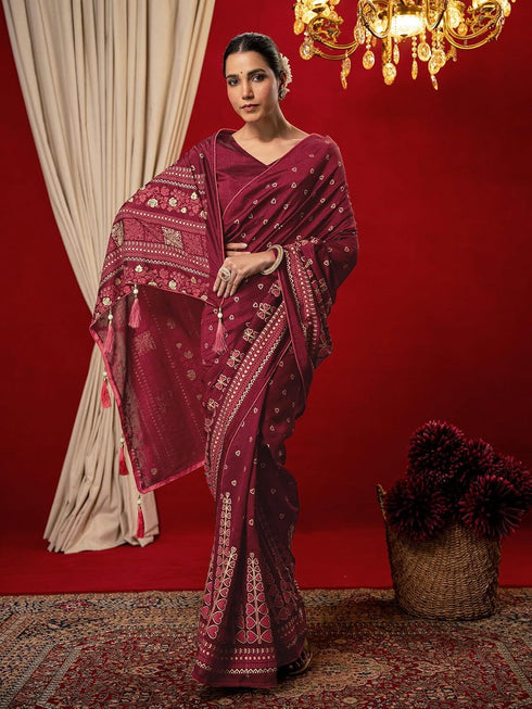 Vasthrlay Vichitra Printed Unstitched Maroon Saree