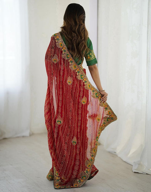 Vasthrlay Georgette Embroidery Red Saree With Unstitched Blouse Piece