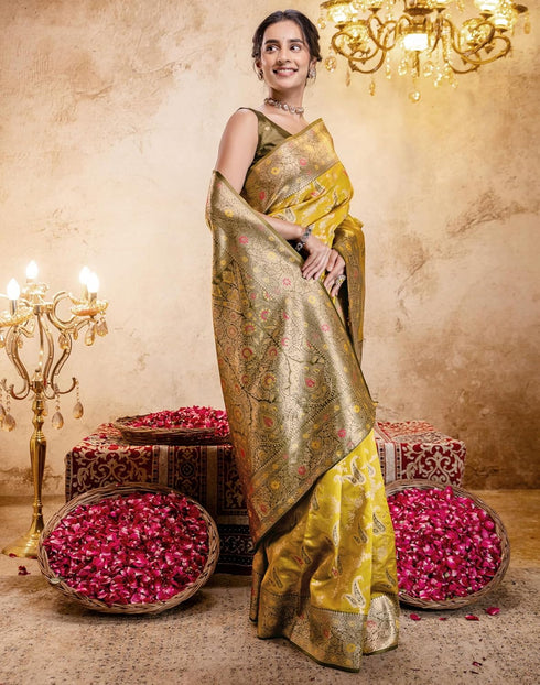 Vasthrlay Jacquard Banarasi Unstitched Mustard Saree