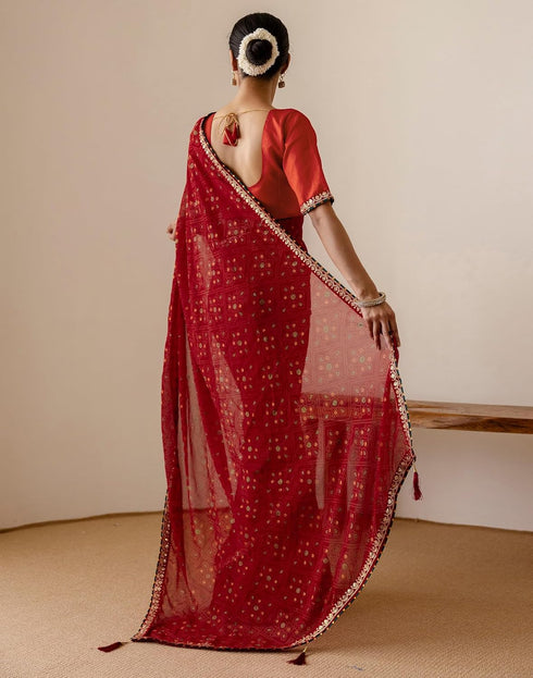 Vasthrlay Georgette Embroidery Unstitched Red Saree