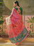 Vasthrlay Shimmer Printed Pink | Beige Saree With Green Unstitched Blouse Piece