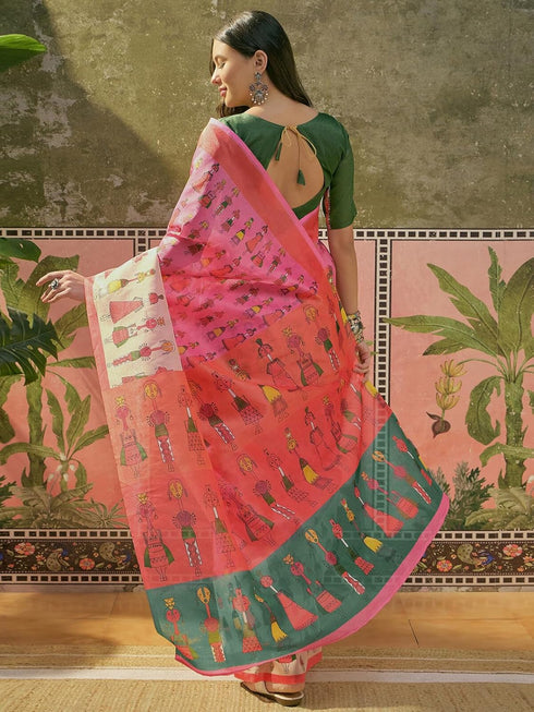 Vasthrlay Shimmer Printed Unstitched Lime Green Saree