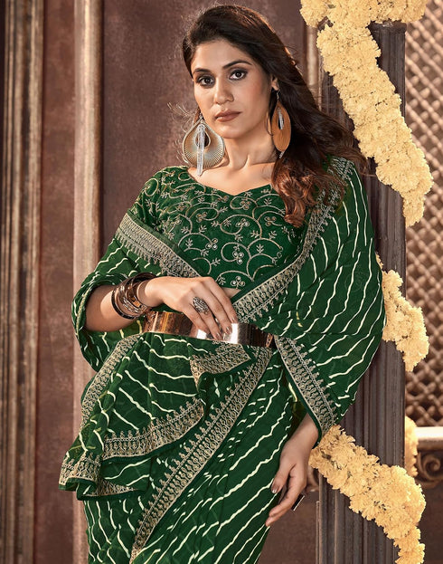 Vasthrlay Georgette Leheriya Green Saree With Unstitched Blouse Piece