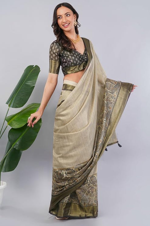 Vasthrlay Grey Polyester Saree With Unstitched Blouse Piece