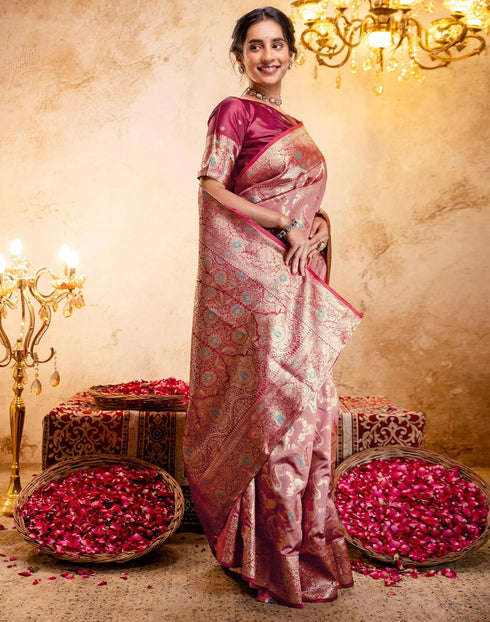 Vasthrlay Jacquard Banarasi Unstitched Mustard Saree