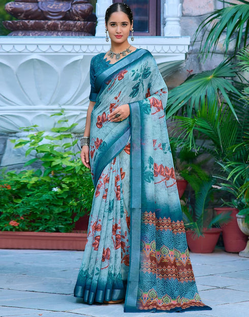 Vasthrlay Womens Blouse Blue Saree With Unstitched Blouse Piece