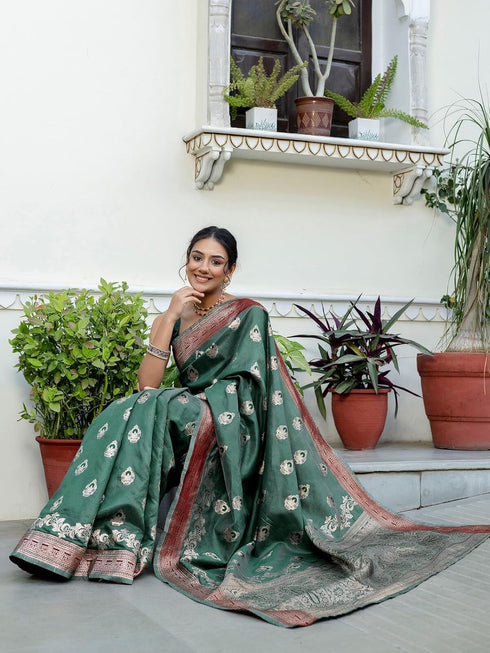 Vasthrlay Banarasi Weaving Unstitched Teal Saree