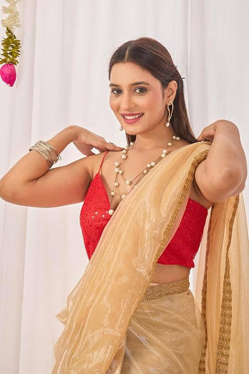 Vasthrlay Beige Plain Shimmer Saree With Sequin Border Andunstitched Blouse Piece