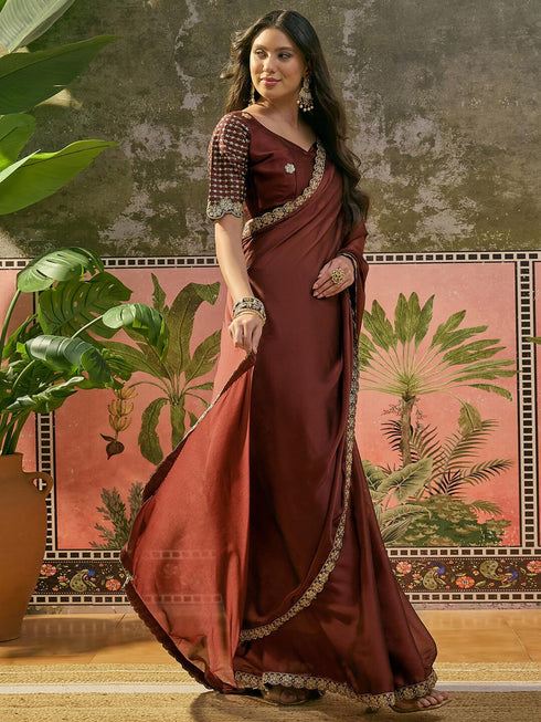 Vasthrlay Sequins Embroidery Unstitched Maroon Saree
