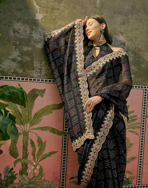 Vasthrlay Scalloped Embroidery Unstitched Lime Green Saree