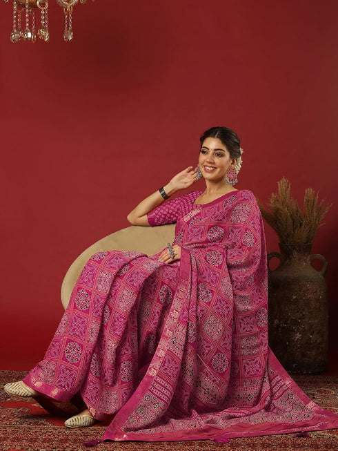 Vasthrlay Georgette Bandhani Unstitched Pink Saree