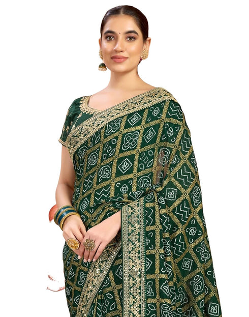 Vasthrlay Georgette Embroidery Unstitched Dark Green Saree