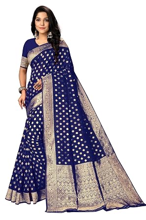 Vasthrlay Cotton Banarasi Silk Blue Saree With Unstitched Blouse Piece