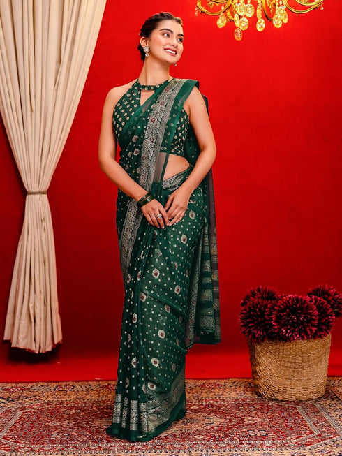 Vasthrlay Georgette Printed Dark Green Saree With Unstitched Blouse Piece