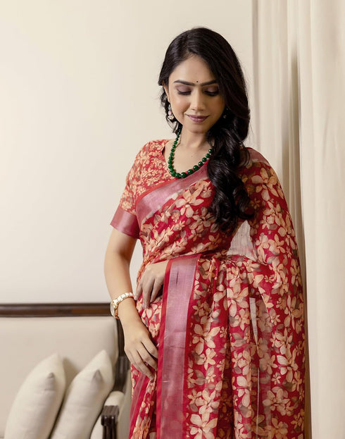 Vasthrlay Womens Printed Unstitched Cream Saree
