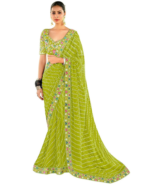 Vasthrlay Georgette Bandhani Unstitched Yellow Saree