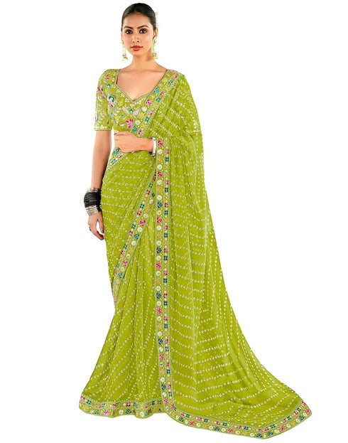 Vasthrlay Georgette Bandhani Lime Green Saree With Unstitched Blouse Piece