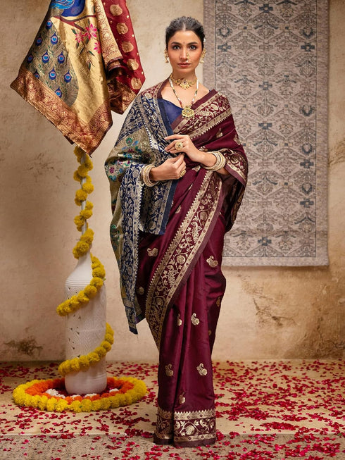 Vasthrlay Weaving Paithani Unstitched Maroon Saree