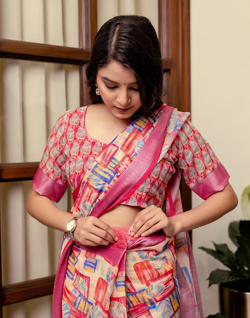 Vasthrlay Womens Printed Unstitched Cream Saree