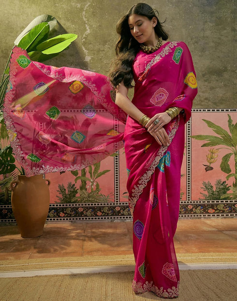Vasthrlay Scalloped Embroidery Unstitched Lime Green Saree