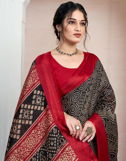 Vasthrlay Bandhani Printed Black And Red Saree With Unstitched Blouse Piece