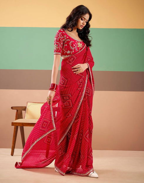 Vasthrlay Georgette Embroidery Red Saree With Unstitched Blouse Piece