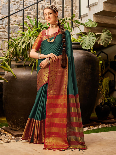 Vasthrlay Bottle Green Saree
